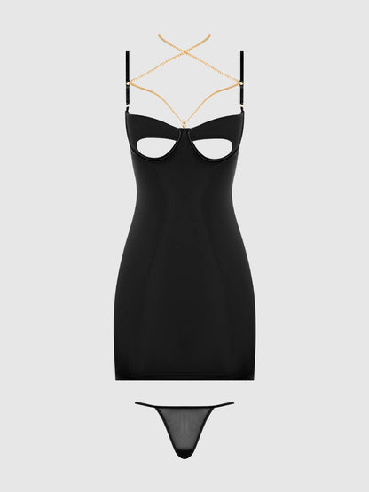 EVANGELINE SATIN & CHAIN CUTOUT CUP & OPEN BACK CHEMISE SET by House of Desire