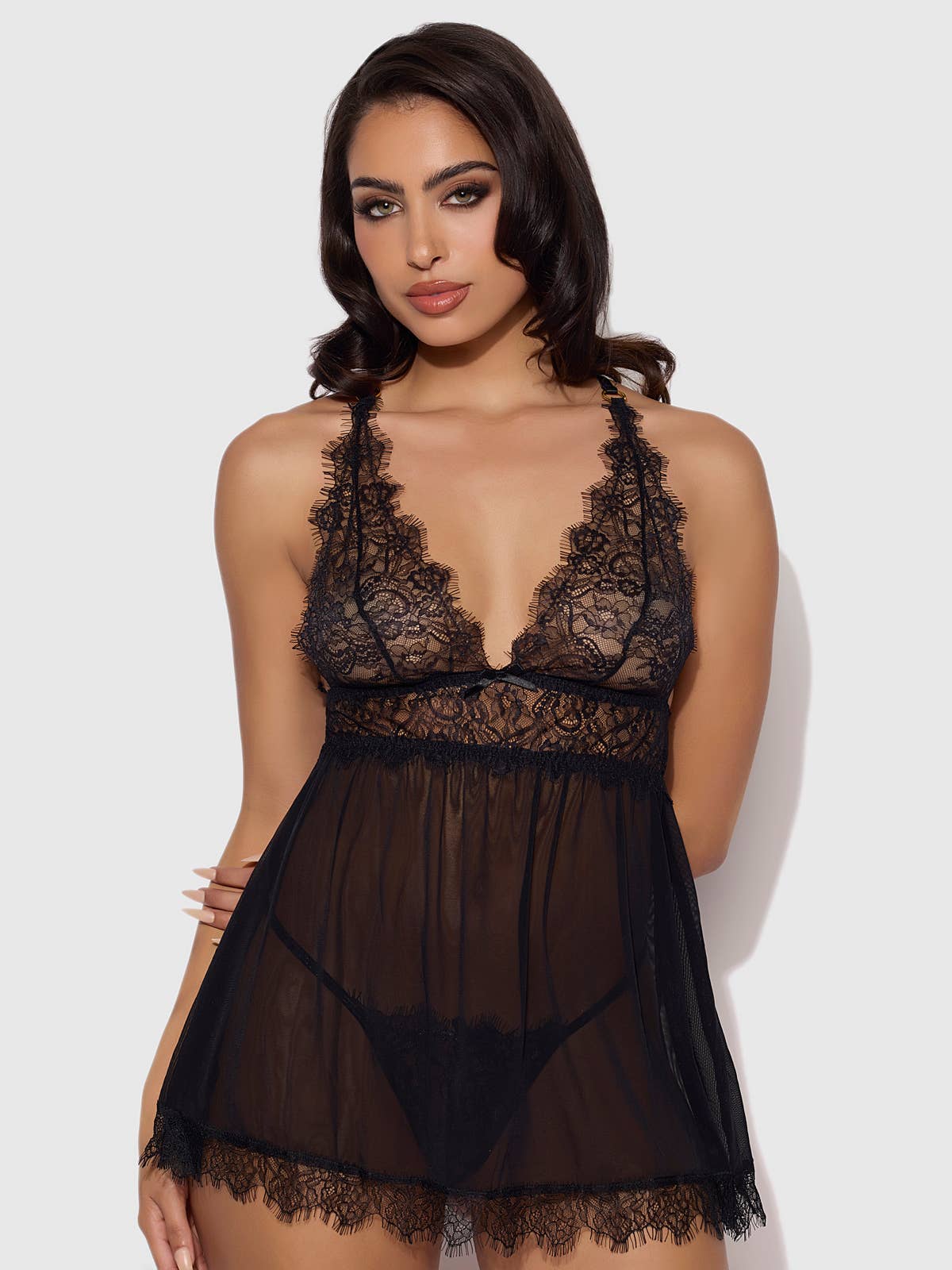 MILA EYELASH LACE & MESH BABYDOLL & G-STRING SET by House of Desire