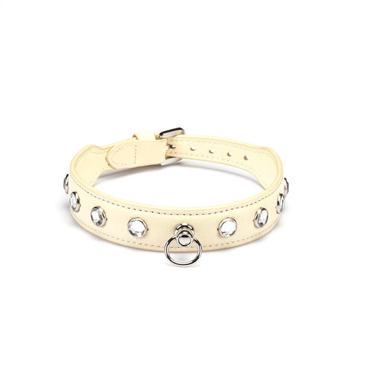 Liebe Seele Premium Leather Choker with Diamonds Ivory White