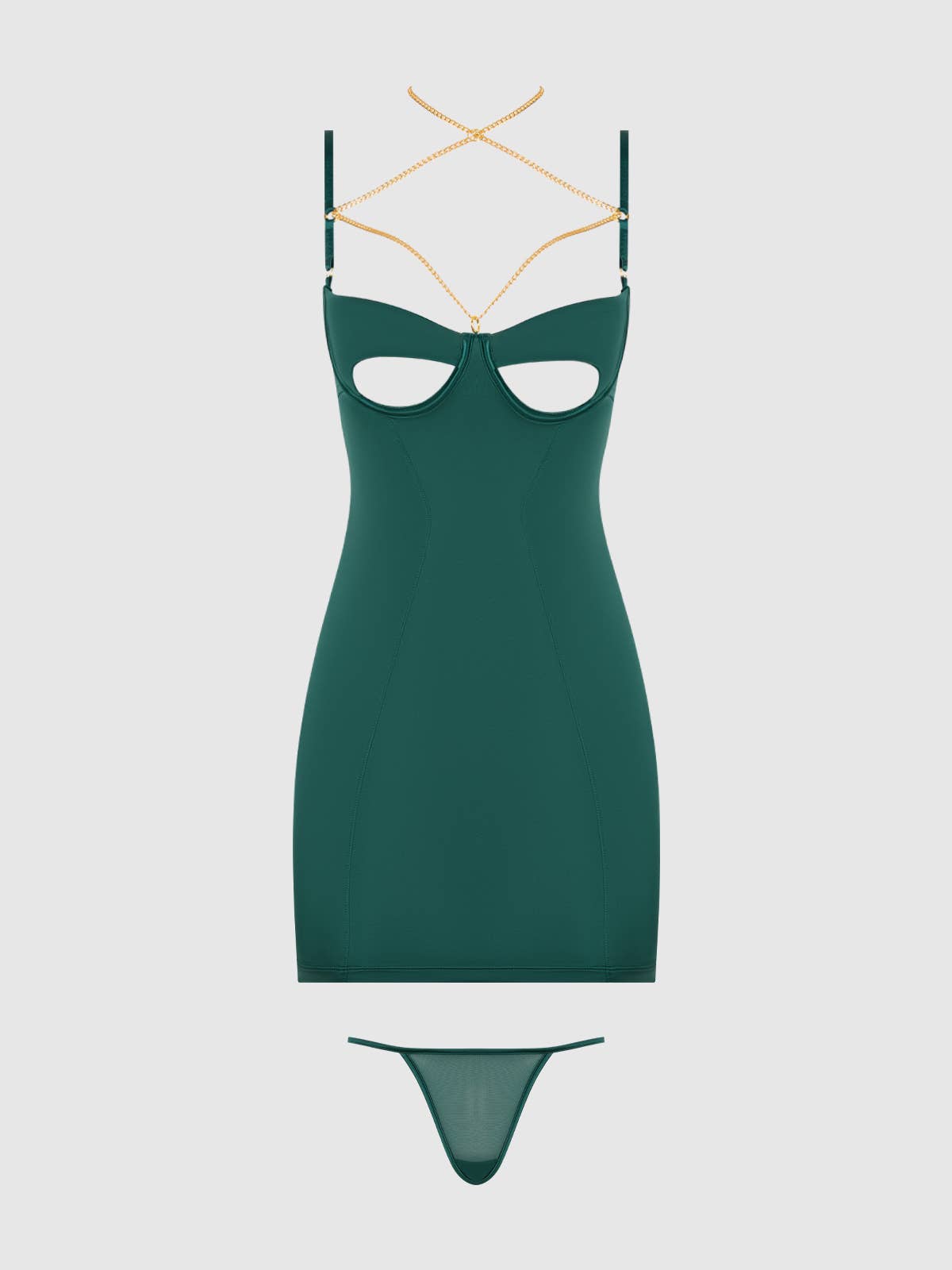 EVANGELINE SATIN & CHAIN CUTOUT CUP & OPEN BACK CHEMISE SET by House of Desire