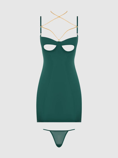 EVANGELINE SATIN & CHAIN CUTOUT CUP & OPEN BACK CHEMISE SET by House of Desire