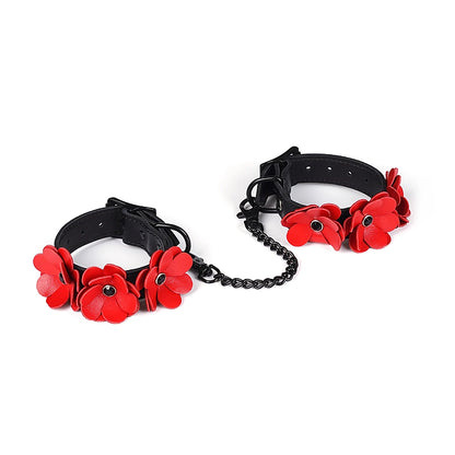 Liebe Seele- Black and Red Leather Flowers Hand Cuffs by Liebe Seele