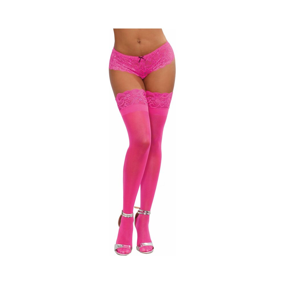 Dreamgirl Neon Pink Sheer Thigh-High Stockings With Silicone Lace Top Pink OS by Dreamgirl International