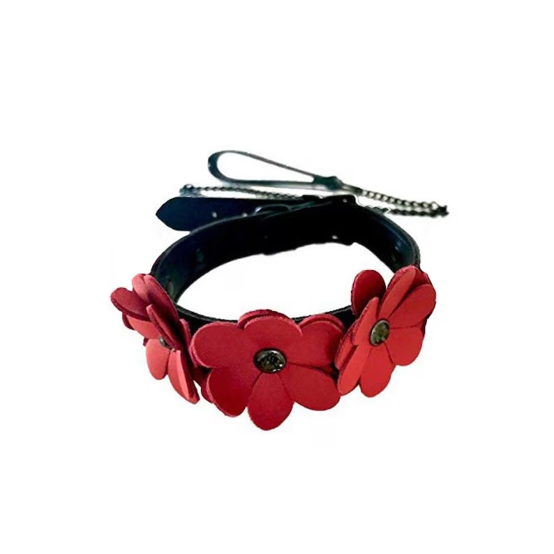 Liebe Seele- Black and Red Leather Flowers Collar with Leash