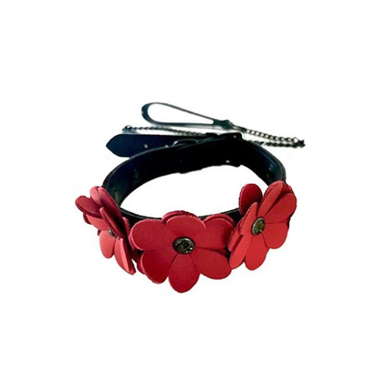 Liebe Seele- Black and Red Leather Flowers Collar with Leash