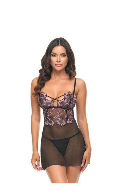 Adela Embroidered Boned Lace and Mesh Babydoll w/G-String 2 pc Lingerie Set
