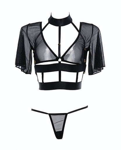 Adore Dreamer Sheer Mesh Strappy Top & Thong Black O/S