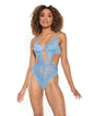 Scallop Stretch Lace & Sheer Mesh Teddy W/front V Cut Out Blue