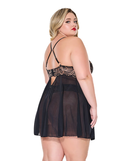 Lace and Mesh Underwire Babydoll w/Thong - Black/Rose Gold 1X/2X