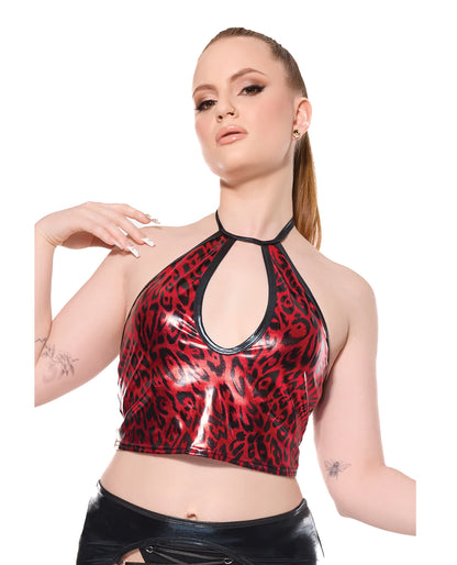 Darque Metallic Wet Look Keyhole Halter Top - Red/Black