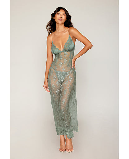 Eyelash Lace & Satin Long Chemise w/G-String - Sage Green