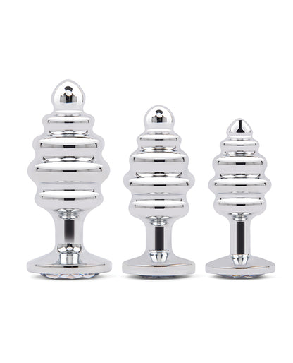 Gemsations 3 pc 2.95" & 3.25" & 3.7" Ripple Bling Bling Metal Butt Plug Training Set - Silver