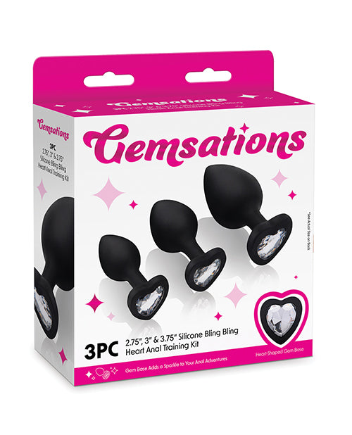 Gemsations 3 pc 2.75" & 3.15" & 3.7" Silicone Bling Bling Heart Butt Plug Training Set - Black