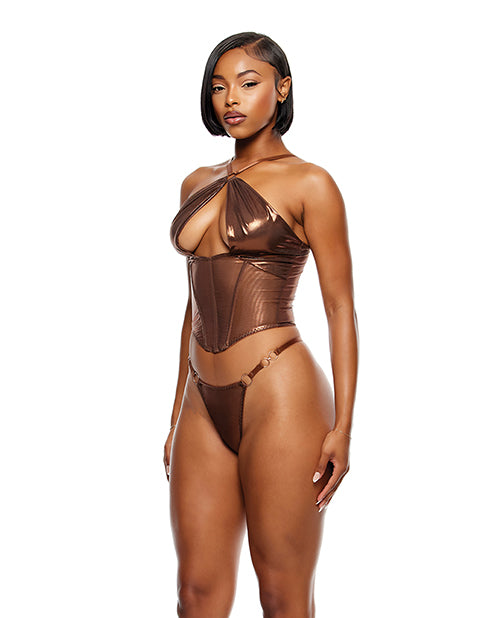 Liquid Metal Metallic Mesh Bustier w/G-String 2 pc Set - Metallic Copper