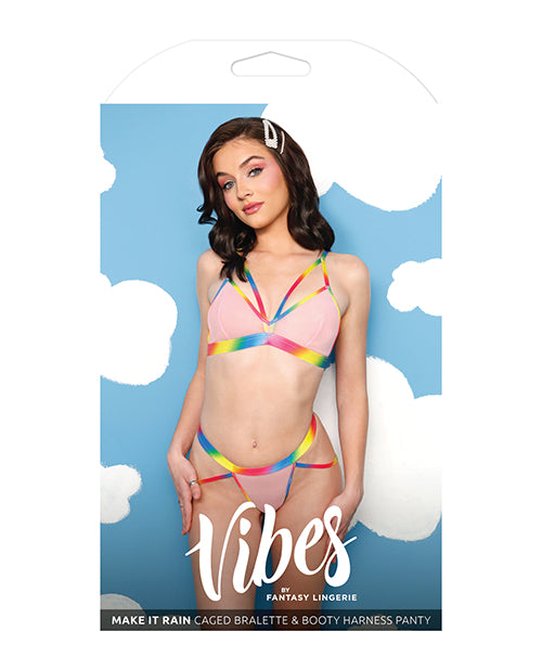 Vibes Make It Rain Caged Bralette & Panty W/booty Rainbow