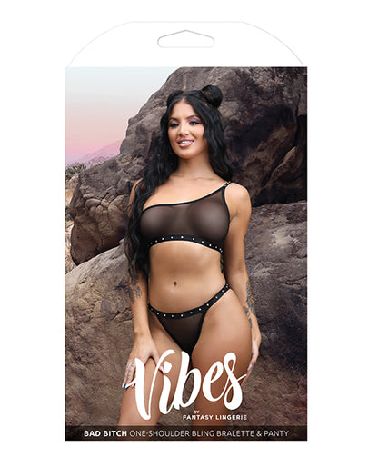 Vibes Bad Bitch One Shoulder Bling Bralette & Panty Black