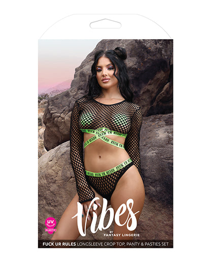 Vibes Fuck Ur Rules Long Sleeve Crop Top, Panty & Pasties Black/green