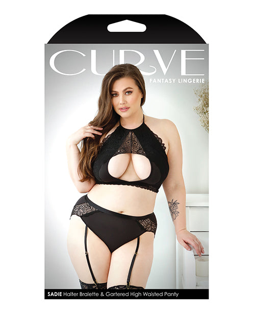 Curve Sadie Lace Overlay Keyhole Halter Top & Gartered Panty Black