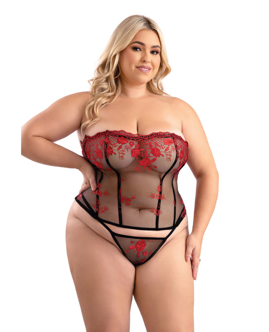 Floral Embroidered Mesh Corset w/G-String - Red/Black