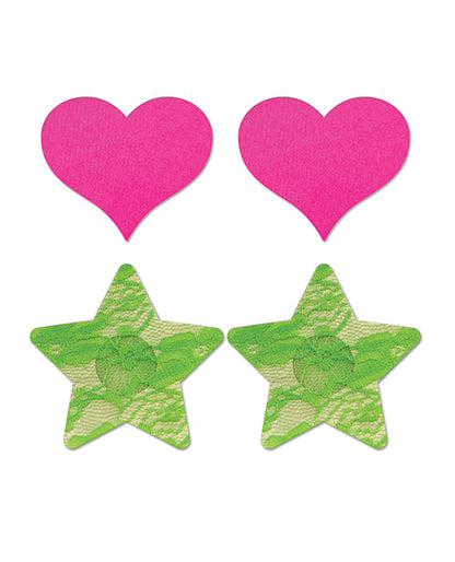 Fantasy UV Reactive Neon Heart & Lace Star Pasties - Pink & Green O/S Pack  of 2