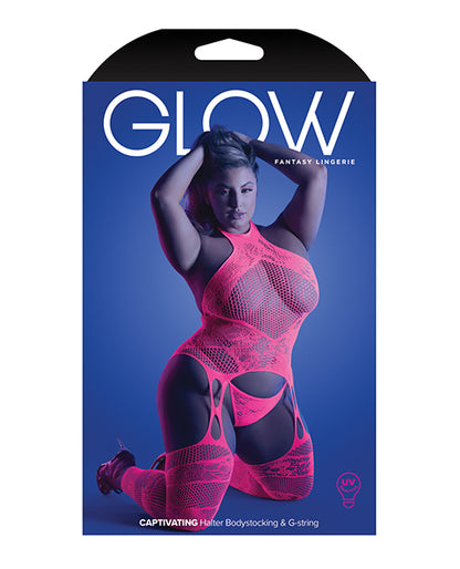 Glow Captivating Halter Bodystocking & G-string Neon Pink