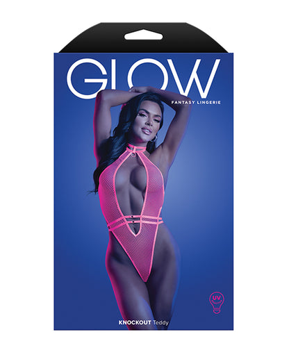 Glow Knockout Fishnet Teddy w/Detachable Thong - Neon Pink