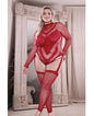 Sheer Infatuation Long Sleeve Teddy w/ Attached Footless Stockings Red