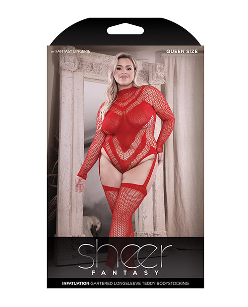 Sheer Infatuation Long Sleeve Teddy w/ Attached Footless Stockings Red