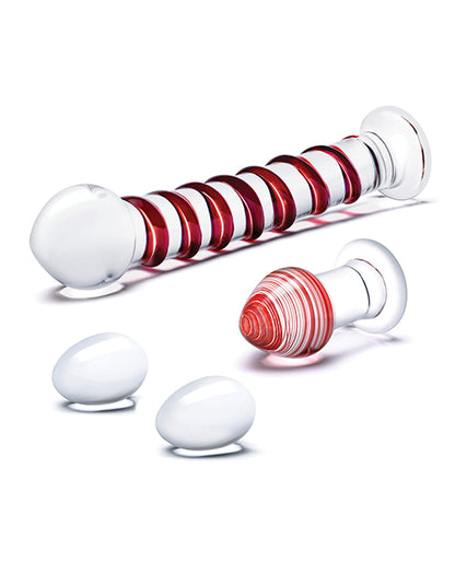 Glas 4 pc Mr. Swirly Set w/Glass Kegel Balls & 3.25" Butt Plug - Red