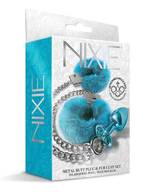 Nixie Metal Butt Plug W/inlaid Jewel & Fur Cuff Set