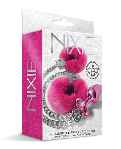 Nixie Metal Butt Plug W/inlaid Jewel & Fur Cuff Set