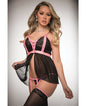 Pinklicious Empire Waist, Lace & Sheer Babydoll w/Garter Panty & Stockings Black/Pink O/S