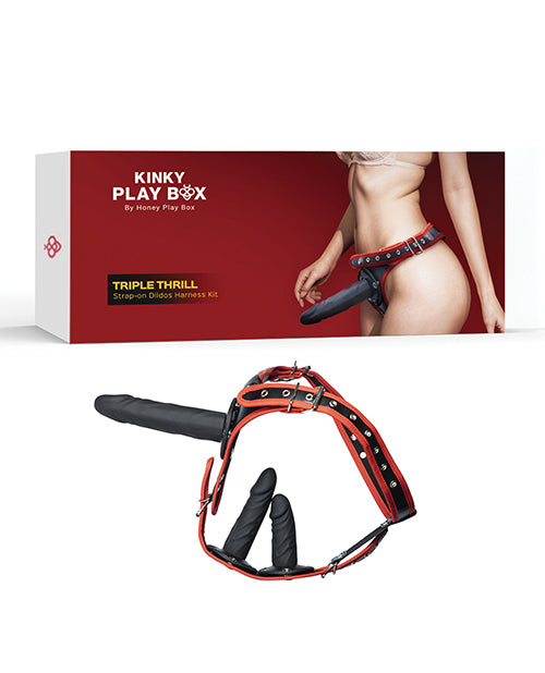 Kinky Play Box Triple Thrill Strap-On Harness Kit - Black/Red