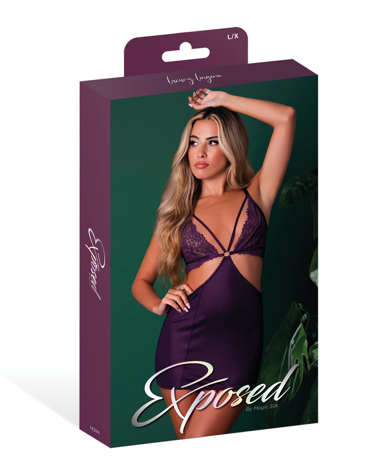 Leather & Lace Stretch Mesh and Lace Chemise w/Thong 2 pc Set - Plum by Magic Moments Int'l