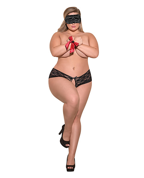 Love & Bondage Split Back Lace Booty Short, Blindfold & Wrist Ties Black QN