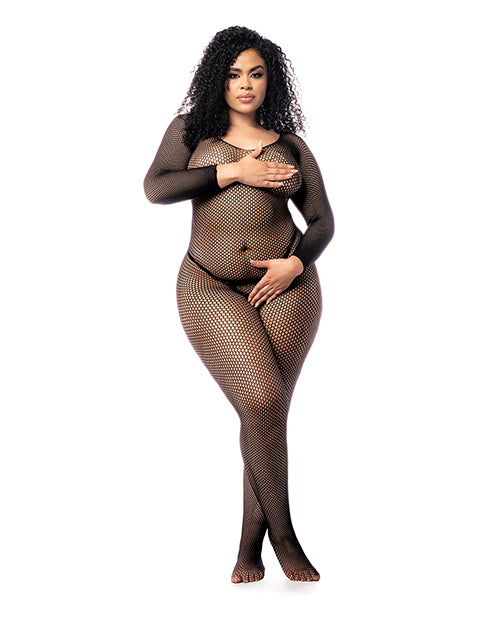 Long Sleeved All Over Fishnet Body Stocking Black