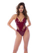 Wet Look Bodysuit with Lace-Up Detail & Hook and Eye Crotch Closure - Wine