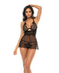 Lace Long Line Underwire Bra w/Removable Skirt & Thong Panty Black