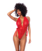 Lace Deep-V Halter Teddy w/Hook and Eye Crotch Closure - Red