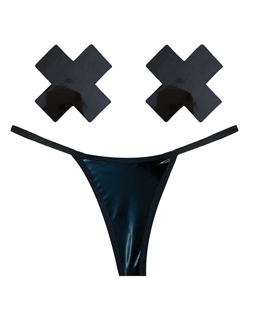 Neva Nude Naughty Knix Dom Squad Wet Vinyl G-String & Pasties - Black O/S