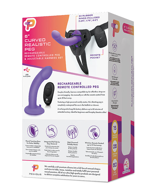 Pegasus 6" Rechargeable Curved Peg w/Adjustable Harness & Remote Set - Purple