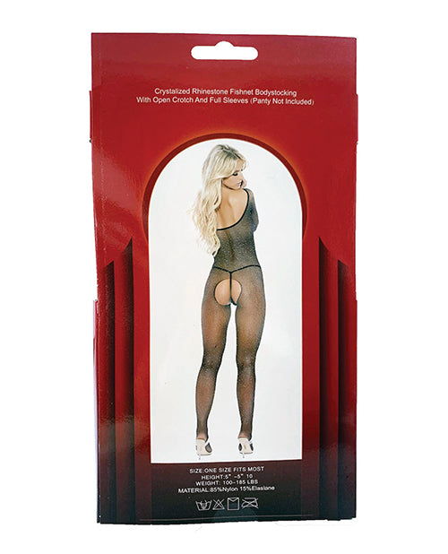 Rhinestone Fishnet Full Sleeved Bodystocking Black O/S