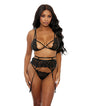 Eyelash Lace Bra, High Waist Garter Belt & G-string Black