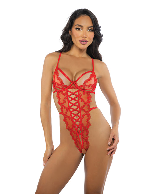 Baroque Heart Embroidered Lace Teddy - Red