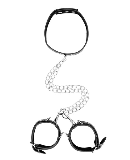 Shots Ouch Black & White Bonded Leather Collar w/Hand Cuffs - Black