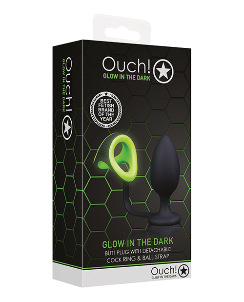 Shots Ouch Butt Plug w/Cock Ring & Ball Strap - Glow in the Dark by Shots America LLC