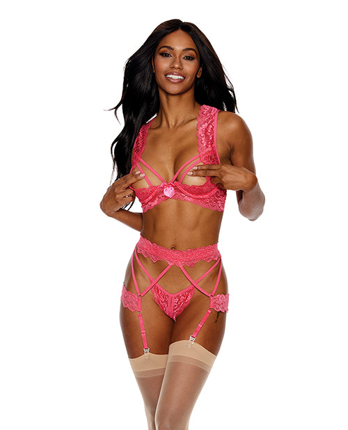 Lace Underwire Peek a Boo Bra, Garterbelt & G-String Coral XXL by Shirley Of Hollywood