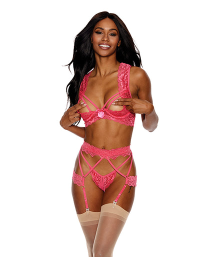 Lace Underwire Peek a Boo Bra, Garterbelt & G-String Coral XXL by Shirley Of Hollywood