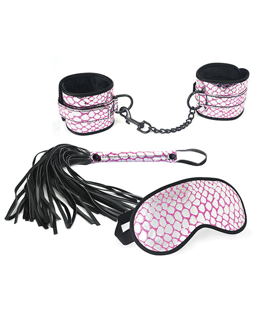 Spartacus Faux Leather Wrist Restraints Blindfold & Flogger Bondage Kit - Pink by Spartacus