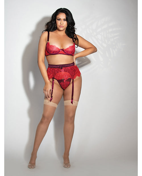 Eyelash Lace Underwire Bra, Garter Skirt & G-string Red